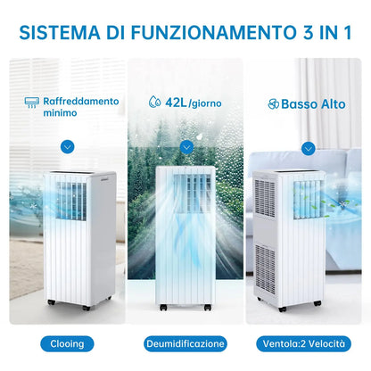 Portable Air Conditioner 9000 BTUs/H, Silent 3-in-1, Dehumidification 42 L/Day, Timer 24 H, Sleep Mode, Remote Control
