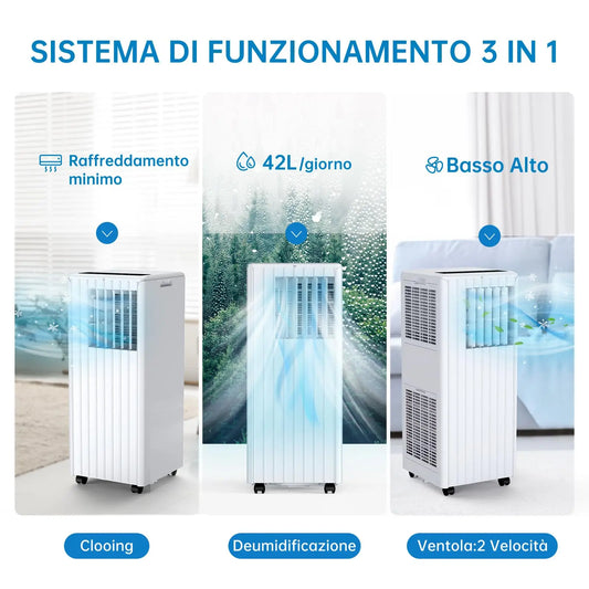 Portable Air Conditioner 9000 BTUs/H, Silent 3-in-1, Dehumidification 42 L/Day, Timer 24 H, Sleep Mode, Remote Control